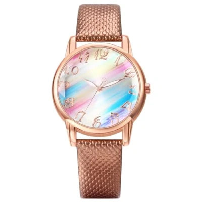 Afbeelding van JewelryWe Dameshorloge regenboog lederen horloge: bruin dames Preppy Boho analoog kwarts polshorloge vrouwen casual horloge met PU lakleer armband en gekleurde wijzerplaat,