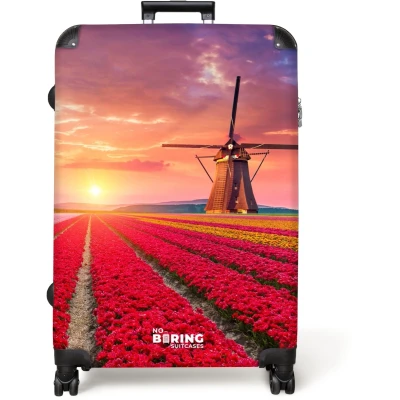 Afbeelding van NoBoringSuitcases.com® Koffer groot Reiskoffer lichtgewicht Bloemenveld met een molen Rolkoffer 4 wielen Grote trolley XL 98 liter bagage