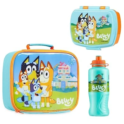 Afbeelding van Bluey lunchbox 3 delige set met geïsoleerde lunchtas, snackbox, BPA vrije waterfles van 430 ml voor kleuterschool, kinderdagverblijf reizen of dagtochten kinderen