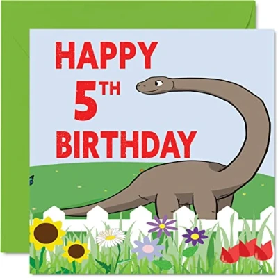 Afbeelding van 5e verjaardagskaart jongen dinosaurus gelukkige 5 jaar oude jongen, jongens verjaardagskaarten voor hem, 145 mm x wenskaart zoon neef kleinzoon kind