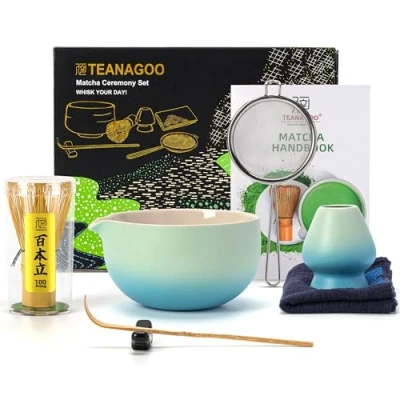 Afbeelding van TEANAGOO Japanse theeset (7st) Matcha garde set kom met schenktuit Bamboe (chasen) lepel (chashaku) houder theebereidingsset.N31, Kleurverloop Blauw