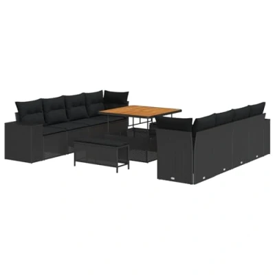 Afbeelding van vidaXL 11 Piece Tuin Sofa Set met Kussens Zwart Poly Rattan Acacia, 3 Eet Acacia