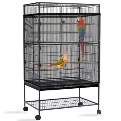 Afbeelding van Yepper Vogelkooi zaadvanger, grote vogelkooihoes, verstelbaar zacht luchtig nylon gaas, rok, zaadbeschermer voor papegaai, parkiet ara Afrikaanse ronde vierkante kooien (zwart)