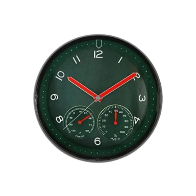 Afbeelding van MPM Quality Design kunststof wandklok, groen, kwartsstappenmotor, hygrometer, thermometer, temperatuur en luchtvochtigheidsweergave, originele wijzerplaat, E01.3084.40, diameter 314 x 45 mm