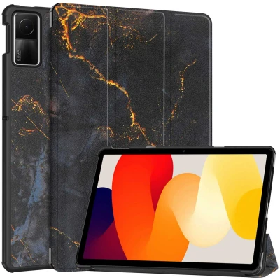 Afbeelding van Xiaomi Redmi Pad SE Hoes: iMoshion Design Trifold Bookcase Black Marble Kunstleder Tablet Hoezen