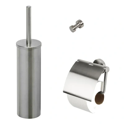 Afbeelding van Geesa nemox accessoire set toiletrolhouder met klep toiletborstelhouder wand closetborstel extra borstel haak rvs 916500 05 115