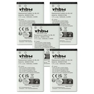 Afbeelding van vhbw 5 x accu vervangt Nokia BL 5CA, 5CB, 0106G20624418, 5C, 0670397417535 voor smartphone mobiele telefoon (1200mAh, 3,7V, Li Ion)