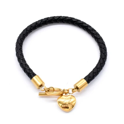 Afbeelding van Leren armband met hartje zwart dames 18,5cm gouden leer geschenkverpakking Lederen hartjes van Sophie Siero Sieraden Armbanden