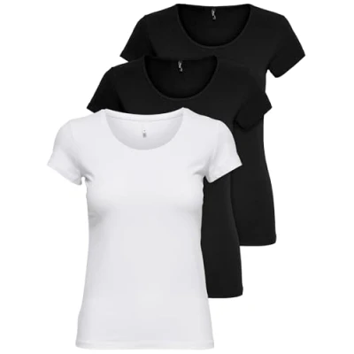 Afbeelding van ONLY 15209153 Dames T shirt met korte mouwen, lange basic zomer shirts, maten XS / S M L XL, zwart of wit, set van 3 stuks, XL