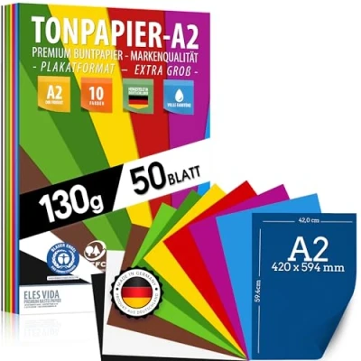 Afbeelding van 50 vellen KLEURRIJK PAPIER DIN A2 130 g/m² bouwpapier set 10 kleuren knutselpapier en gekleurde karton, accessoires voor handwerk fotoalbumgeschenken, creatief zijn, MADE IN GERMANY