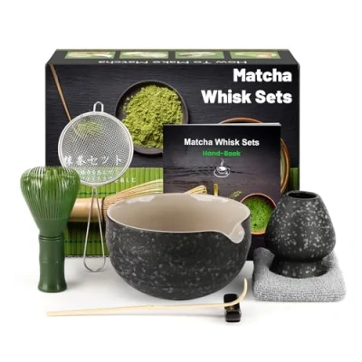 Afbeelding van matcha Set, Ensemble de Fouet à Matcha, Japanse theeset met bezem, schaal en bezemhouder van keramiek, lepel, zeef, theedoek, accessoires (7 delig), zwarte
