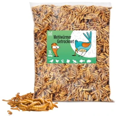Afbeelding van MERSJO Gedroogde meelwormen, 460 g, 3 liter, natuurlijk vogelvoer, wilde vogels, het hele jaar door, visvoer vijver, hoog in eiwitten, omega vetzuren, geurloos, laag fijnstofgehalte