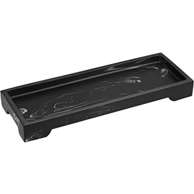 Afbeelding van Luxspire Kaptafel, opbergbak voor toilettank, badbak van hars, badkamerbak met marmerpatroon, zwart dienblad, kaptafel zakdoekjes, kaarsen, zeep, handdoek, plant, enz. Inkt