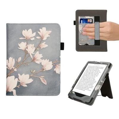 Afbeelding van kwmobile E reader hoesje geschikt voor Amazon Kindle Paperwhite 11. Generation 2021 hoes flip case van kunstleer Ereader cover met stand Magnolia design in taupe / wit blauwgrijs