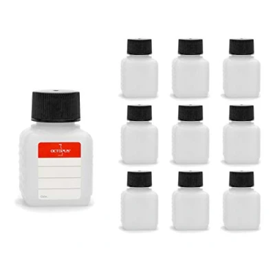 Afbeelding van 10 x 50 ml Octopus plastic flessen, HDPE flessen met zwarte schroefdoppen, lege vierkante incl. etiketten