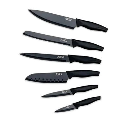 Afbeelding van Axer Zwarte Messenset met schede 6 roestvrijstalen keukenmessen antikleeflaag, ultrascherp lemmet en zachte handgreep inclusief kokssnijmes, Santoku keukenmes, panneermes broodmes