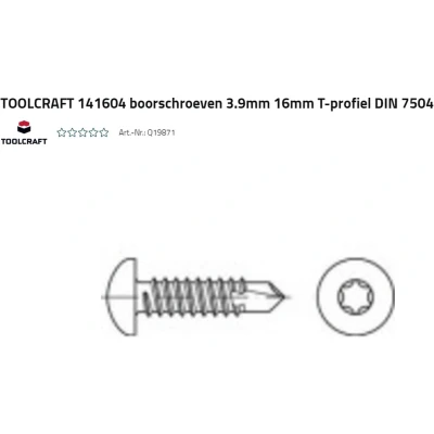 Afbeelding van TOOLCRAFT 141604 Zelfborende schroef 3.9 mm 16 T profiel DIN 7504 Staal Galvanisch verzinkt 1000 stuk(s)