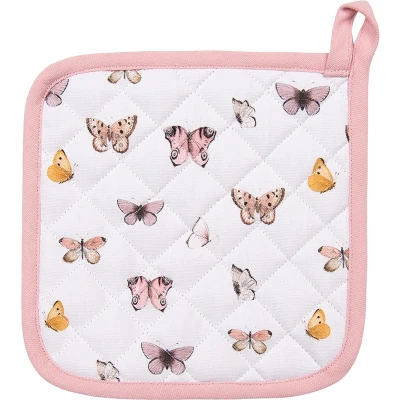 Afbeelding van Clayre &amp; Eef Kind Pannenlap 16x16 cm Beige Roze Katoen Vlinders Afgiet