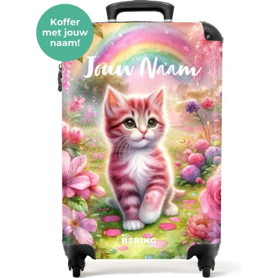 Afbeelding van NoBoringSuitcases.com® Kinderkoffer meisjes kitten Trolley met naam voor kinderen Koffertje kind Roze handbagage koffer lichtgewicht Past binnen 55x40x20 en 55x35x25