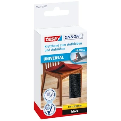 Afbeelding van tesa On &amp; Off Klittenband Universal Naaibaar Stoffen op harde oppervlakken bevestigen Naaibare vlieszijde en een kleefzijde Zwart Rol van 2 cm x 100