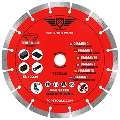 Afbeelding van 1 x TopsTools TTDS230 230mm (9&quot;) 10mm 22,23mm boring gesegmenteerde diamanthoek slijpmachine cirkelzaagblad compatibel met Bosch Dewalt Makita Milwaukee en vele anderen