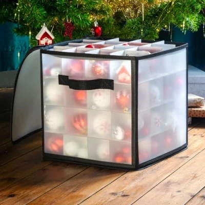 Afbeelding van CKB LTD Doorzichtige opbergdoos voor kerstballen met verdelers maximaal 64 kerstballen, opvouwbare kerstversieringen en decoraties container 30 x cm (transparant)
