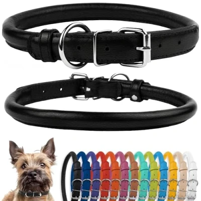 Afbeelding van CollarDirect Gerolde lederen halsband, zachte gewatteerde ronde puppy kraag, handgemaakte halsband hond kleine grote kat halsbanden 13 kleuren (8 11 inch, zwart getextureerd)
