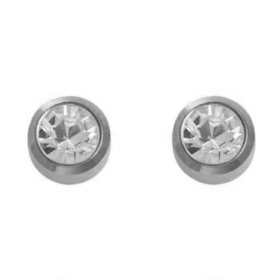 Afbeelding van Caflon Large 5mm stalen oorknopjes voor oorschieter hypoallergeen steriel verpakt zilverkleurig met narurel steentje geboortesteen april