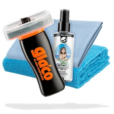 Afbeelding van detailmate ruiten polijstset, ideaal voor de voorbereiding van glasverzegeling: Soft99 Glaco Glass Compound Roll On 100 ml + autoruiten glasreiniger microvezeldoek zachte polijstdoek