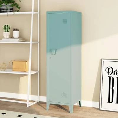 Afbeelding van [en.casa] Lockerkast Kurikka metalen locker met 2 planken 137x38x38 cm afsluitbare kast garderobekast grijsblauw