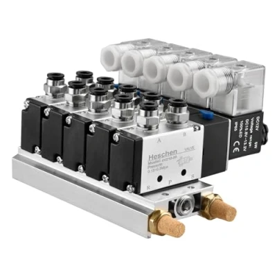 Afbeelding van Heschen Elektrische pneumatische 5 magneetventiel, 4V210 08, DC12V, PT1/4&#039;&#039;, weg 2 positie, spruitstuk basisuitlaat snelkoppelingen Set