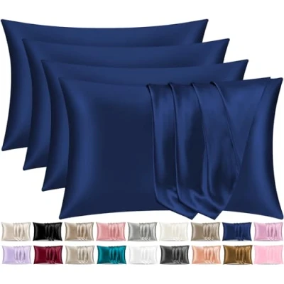 Afbeelding van Pamposh Satijnen zijden kussenslopen voor haar en huid, set van 4 standaardformaat met envelopsluiting (4 (50 x 75 cm), marineblauw)