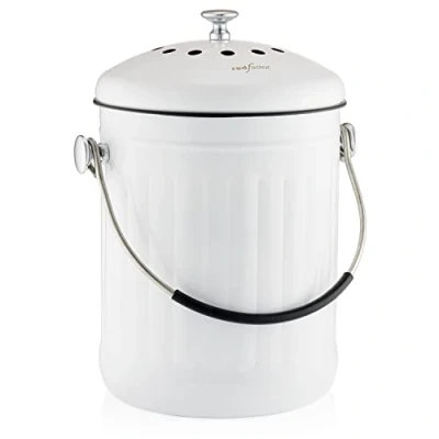 Afbeelding van RED FACTOR Premium Voedselveilig Roestvrijstaal Geurloos Compostbak Keukenemmer met Reservefilters (Wit, 5 Liter)