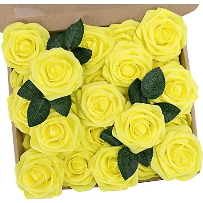 Afbeelding van PIQIUQIU 25 stuks kunstbloemen, rozenkoppen, namaakbloemen voor verjaardagsdecoratie, bruiloftsdecoratie, feestdecoratie (geel)