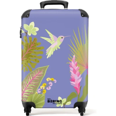 Afbeelding van NoBoringSuitcases.com® Handbagage koffer lichtgewicht Reiskoffer trolley Paars met tropische print Rolkoffer wieltjes Past binnen 55x40x20 en 55x35x25