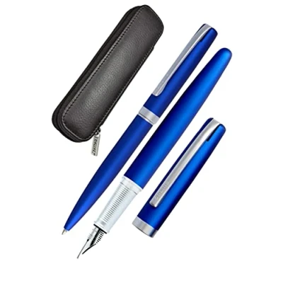 Afbeelding van Online Eleganza Schrijfset, inclusief balpen, vulpen, echt leren etui, kleur satijn blauw, 3 delig, in hoogwaardige geschenkdoos, vulpen voor standaardpatronen 34645
