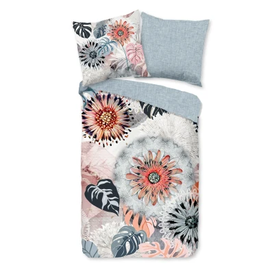 Afbeelding van Flanellen Dekbedovertrek 140x200 cm Bloemen en Bladeren Print Grijs/Roze 1 Persoons 100% Katoen Flanel