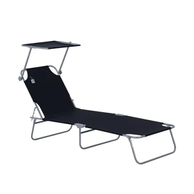 Afbeelding van Outsunny Zonneligstoel, tuinligstoel, wellness ligstoel, strandstoel, inklapbaar, met zonwering, zwart, 187 x 58 36 cm