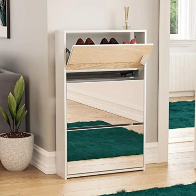 Afbeelding van Vida Designs Welham 3 lades gespiegelde schoenenkast, hal kast opbergorganizer, schoeisel standaard rek, houten dressoir, wit