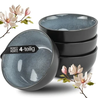Afbeelding van Moritz &amp; VIDA miso Set van 4 kommen, diameter 12 cm, Japanse serviesset keramiek en sandelhout, voor soep, dip snacks, met dienblad.