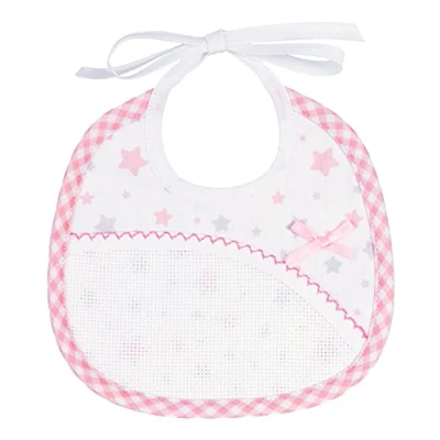 Afbeelding van Filet Slabbetje voor pasgeborenen van katoen piqué met veelkleurige sterrenprint Tas gemaakt Aida stof om te borduren Afmetingen: 18 x cm Made in Italy, roze