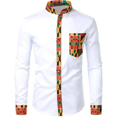 Afbeelding van PARKLEES Afrikaanse tribal grafisch patchwork design slim fit lange mouwen vrijetijdshemd party shirt voor mannen, wit, S