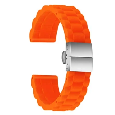 Afbeelding van ULLCHRO Uniseks rubberen armband met roestvrij stalen zilveren vouwsluiting, oranje, 20 mm, Riemen.