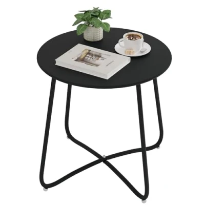 Afbeelding van eSituro Tuintafel, banktafel, ronde salontafel, balkontafel, voor binnen en buiten, terras, woonkamer, van metaal, zwart, diameter 48 x 45 cm