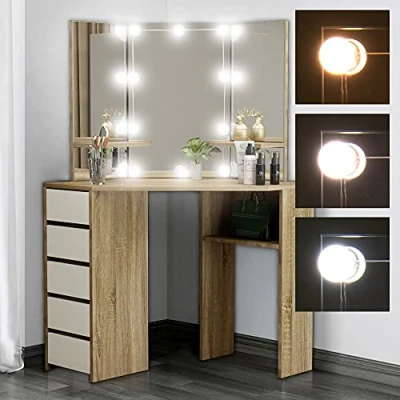 Afbeelding van ML Design Hoek Kaptafel Wit Sonoma, met LED Verlichting 3 Spiegels 5 Lades Planken, 110x141,5x54cm, Cosmeticatafel voor Dames &amp; Meisjes, MDF Houten Make up Tafel