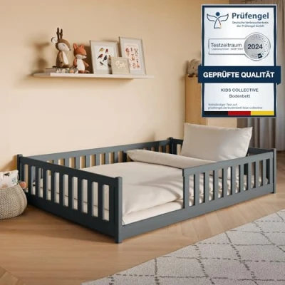Afbeelding van Kids Collective Montessori Kinderbed, vloerbed, 140 x 200 cm, met valbescherming en lattenbodem, bed, ledikant, kinderen, tienerbed, eenpersoonsbed, grafiet