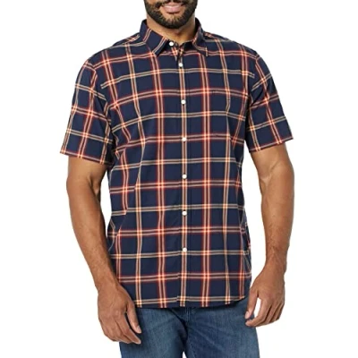 Afbeelding van Amazon Essentials Heren Slim Fit Poplin Shirt met korte mouwen, Navy Red Plaid, Large