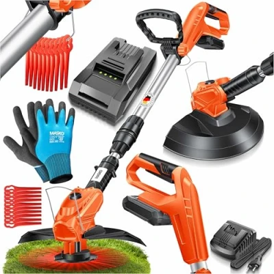 Afbeelding van MASKO® accu grastrimmer met 20 V Li accu, 2,0 Ah en oplader, bosmaaier 26 cm snijcirkel, 180 trimhoek, telescopische steel &amp; extra handgreep, incl. messen kunststof lemmet, oranje
