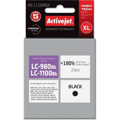 Afbeelding van Activejet Encre AB 1100BNX (remplacement Brother LC1100BK/980BK; Suprême; 29 ml; noir), Rendement élevé (XL), Noir, à pigments, ml, 1 pièce(s), Paquet unique