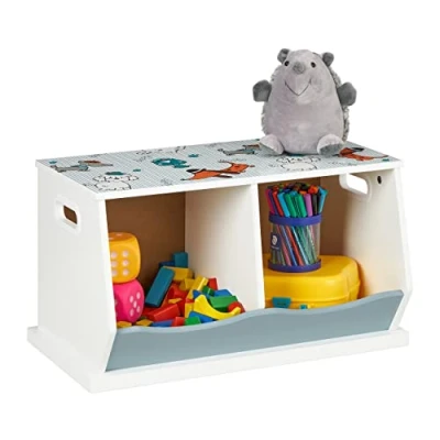 Afbeelding van Relaxdays speelgoedkast met hondenprint, 2 vakken, HBD: 33 x 60 34 cm, meisjes &amp; jongens, mdf, speelgoedrek, kleurrijk
